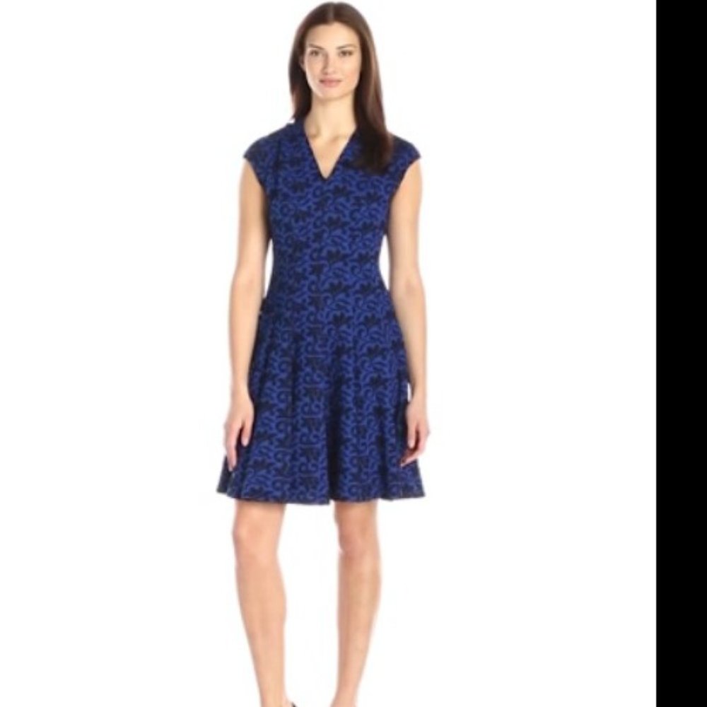 Julian Taylor Women's Fit and Flare Jacquard V Neck Dress, Blue/Black, Size 10
